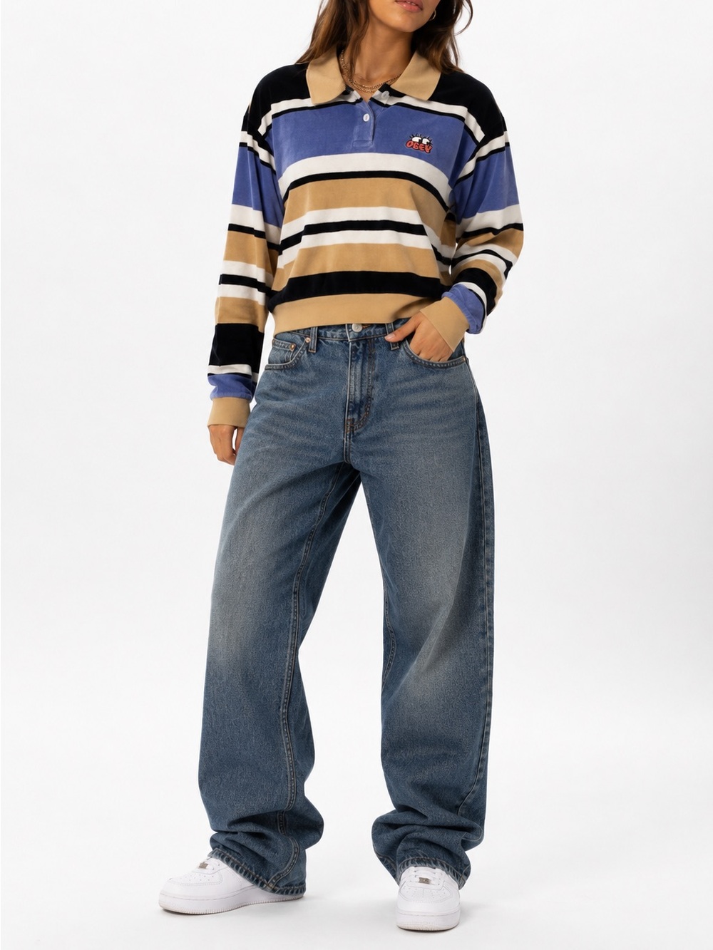 Obey Polo Shirt Velour Long Sleeves Striped Small NWT Skatercore Streetwear